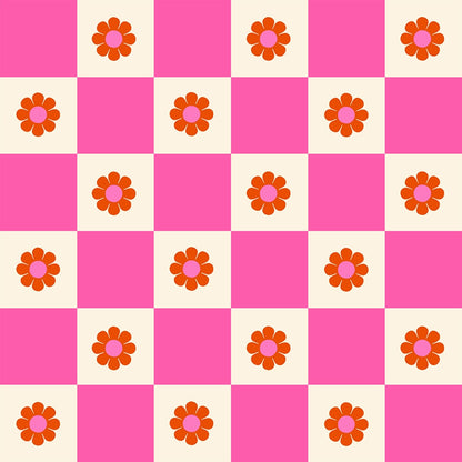 Moda's playful hot pink checkerboard daisies Daisy Days by Ruby Star Society's Alexia Abegg cotton quilting fabric with cream and orange.