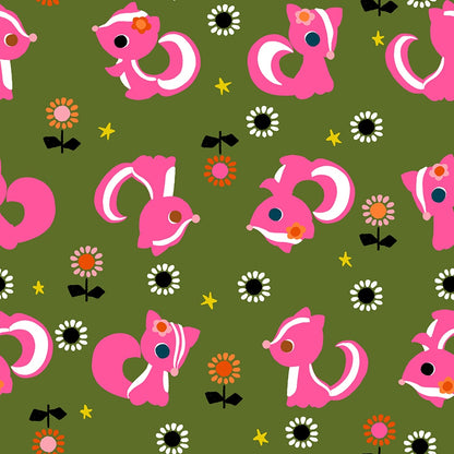 Moda's pink skunks, flowers, and stars on Sarah green woodland Daisy Days by Ruby Star Society's Alexia Abegg cotton quilting fabric