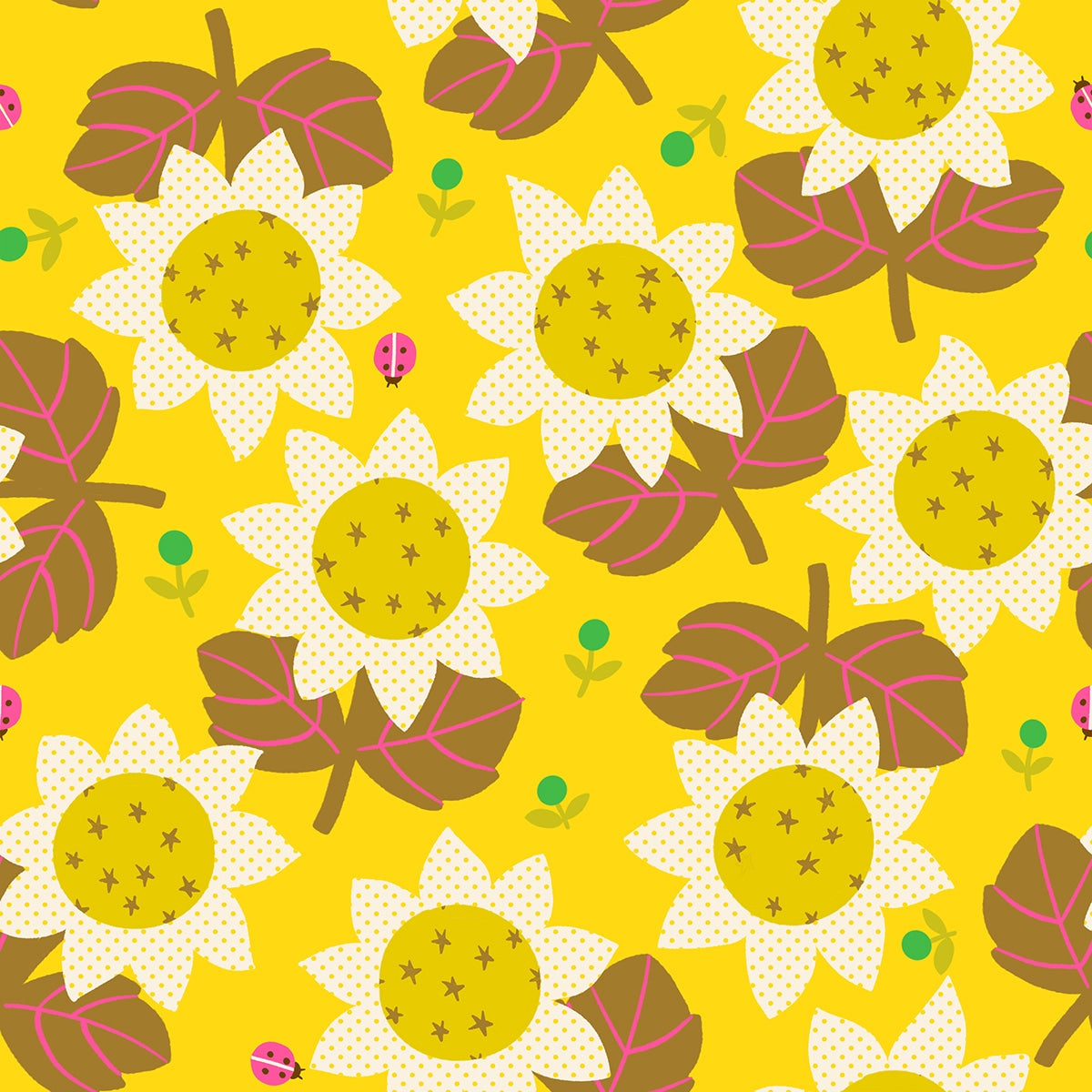 Sunshine yellow sunflowers with ladybugs Daisy Days by Ruby Star Society's Alexia Abegg cotton quilting fabric. Cream petals, brown leaves, pink ladybugs; summer theme.