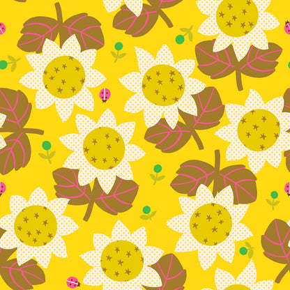 Sunshine yellow sunflowers with ladybugs Daisy Days by Ruby Star Society's Alexia Abegg cotton quilting fabric. Cream petals, brown leaves, pink ladybugs; summer theme.