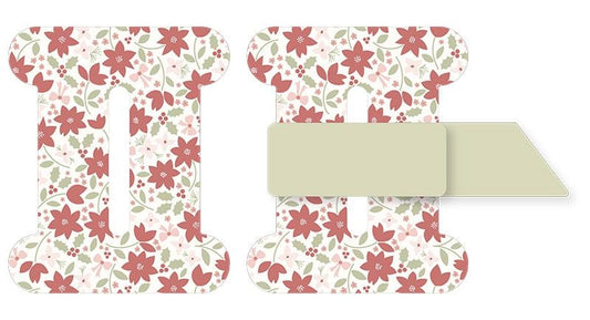 Moda's December Darling by Briggs, Heather quilting fabric. Christmas poinsettias, holly leaves, berries, pink flowers, and bows on a cream background.