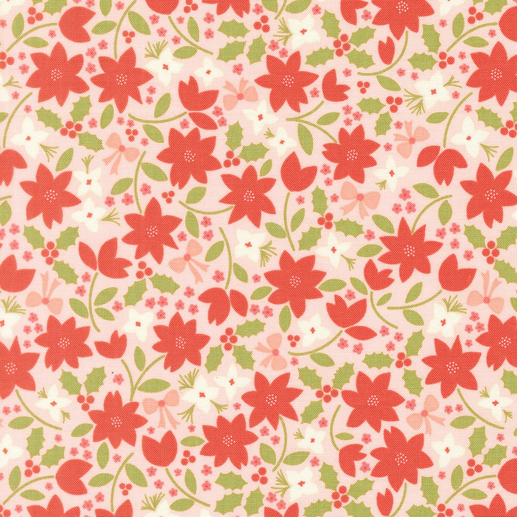 Moda's Christmas poinsettias, holly leaves, berries, and bows on blush pink December Darling by My Sew Quilty Life cotton quilting fabric.