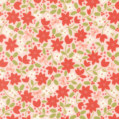 Moda's Christmas poinsettias, holly leaves, berries, and bows on blush pink December Darling by My Sew Quilty Life cotton quilting fabric.