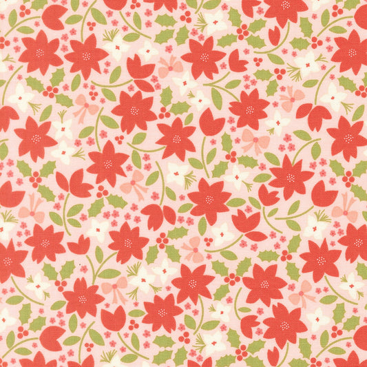 Moda's Christmas poinsettias, holly leaves, berries, and bows on blush pink December Darling by My Sew Quilty Life cotton quilting fabric.