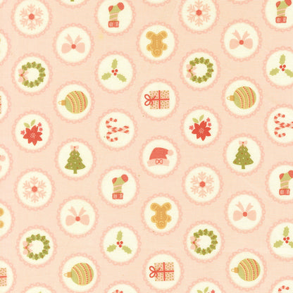 Christmas motifs on blush pink December Darling by My Sew Quilty Life cotton quilting fabric. Features snowflakes, gingerbread men, and Santa hats.