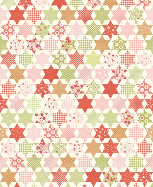 Christmas patchwork stars on cream cotton quilting fabric December Darling by My Sew Quilty Life, featuring gingerbread men, trees, snowflakes, candy canes, poinsettias in red.