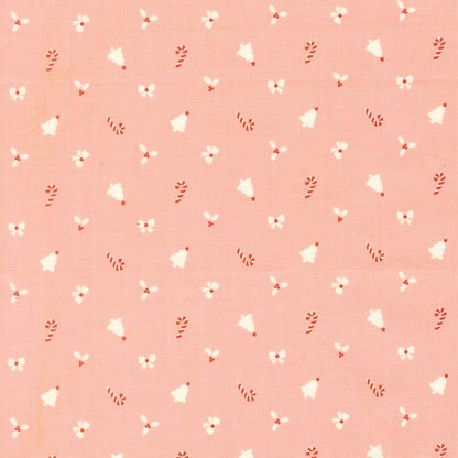 Christmas novelties on cotton candy pink December Darling by My Sew Quilty Life cotton quilting fabric, bells, candy canes, bows, holly sprigs.