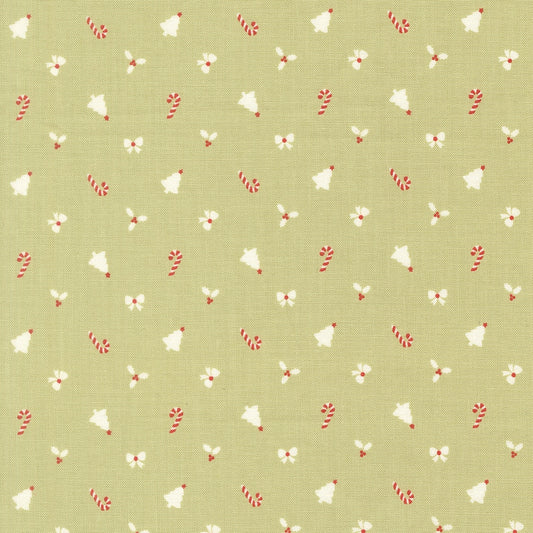 Christmas motifs on fern green cotton quilting fabric. December Darling by My Sew Quilty Life with white Christmas trees, candy canes, red holly.