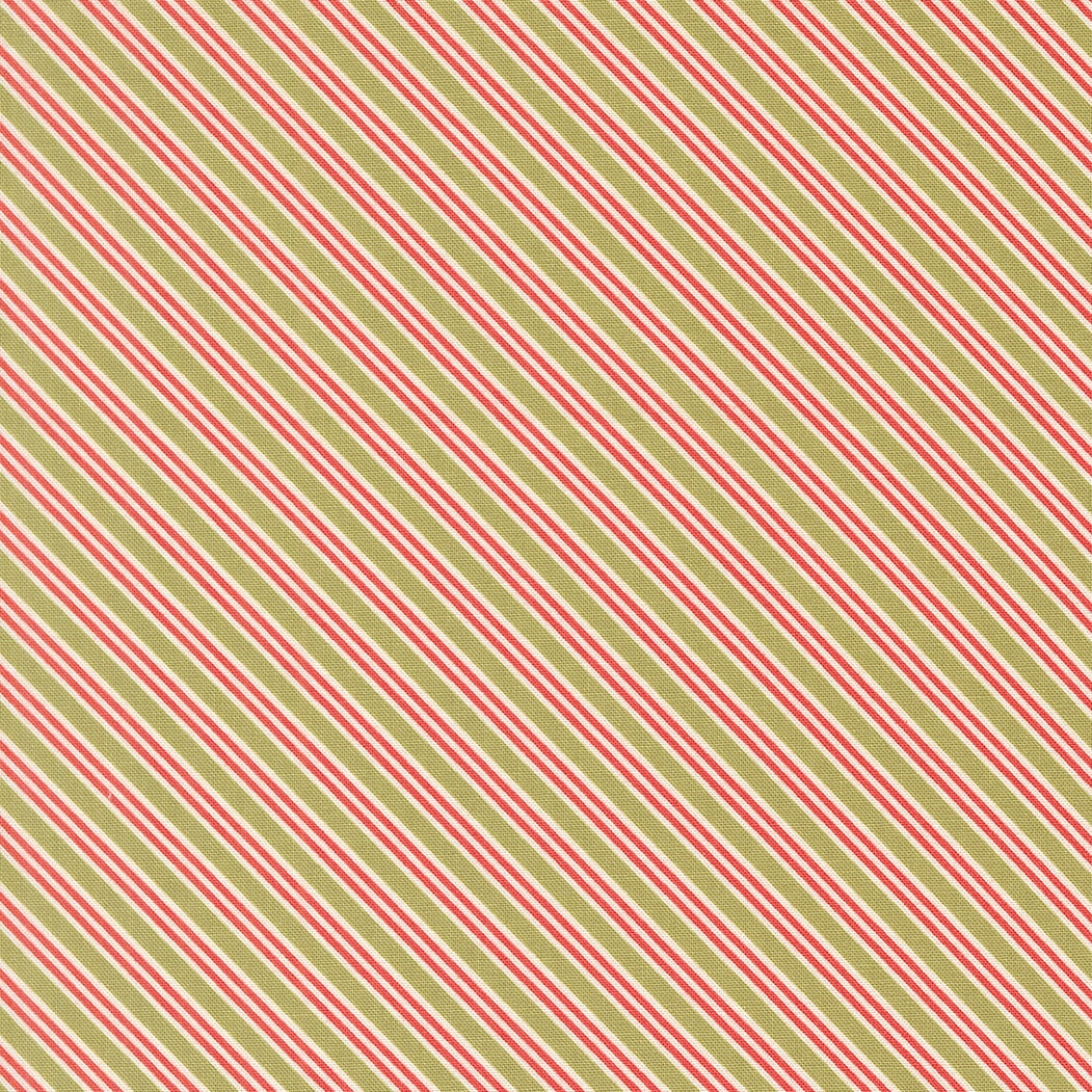 Moda's December Darling cotton quilting fabric. Christmas diagonal stripes in muted green, dusty rose, & cream by My Sew Quilty Life.