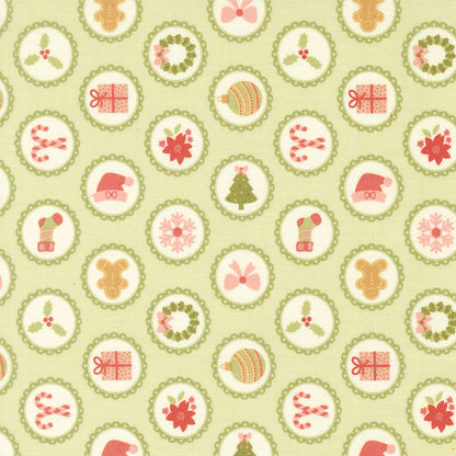 Christmas motifs on leaf green December Darling by My Sew Quilty Life cotton quilting fabric, with gingerbread men, candy canes, and Santa hats.