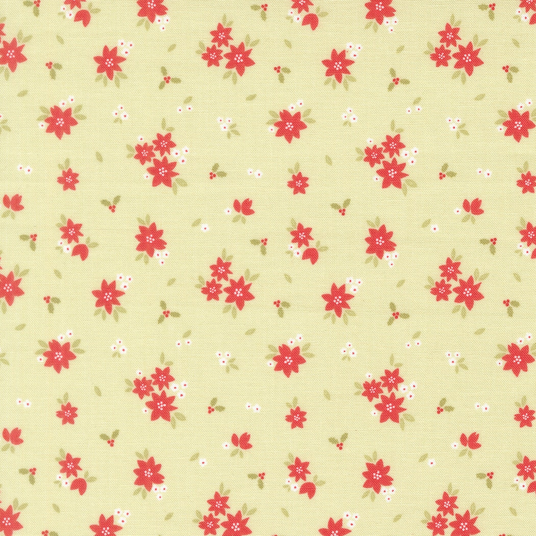 Moda's Christmas poinsettias, holly, and berries on leaf green December Darling by My Sew Quilty Life cotton quilting fabric.