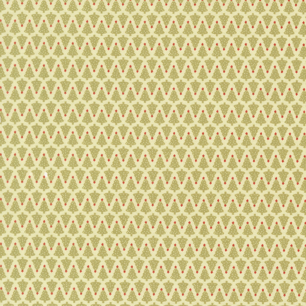 Moda's December Darling by My Sew Quilty Life cotton quilting fabric with small sage green christmas trees and bright red stars on cream. Christmas/winter theme.