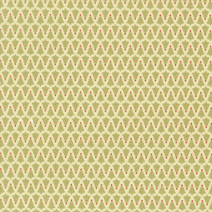 Moda's December Darling by My Sew Quilty Life cotton quilting fabric with small sage green christmas trees and bright red stars on cream. Christmas/winter theme.