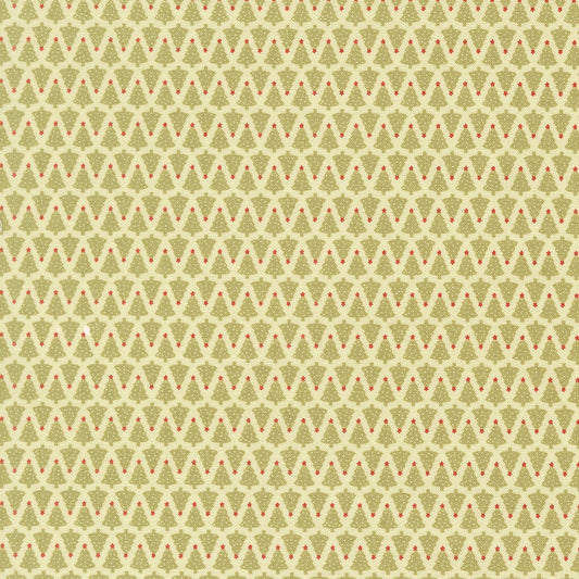 Moda's December Darling by My Sew Quilty Life cotton quilting fabric with small sage green christmas trees and bright red stars on cream. Christmas/winter theme.