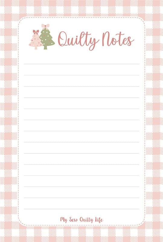 Christmas notepad panel with gingham trees December Darling by Briggs, Heather quilting fabric. White notepad, pink gingham trees with bows.