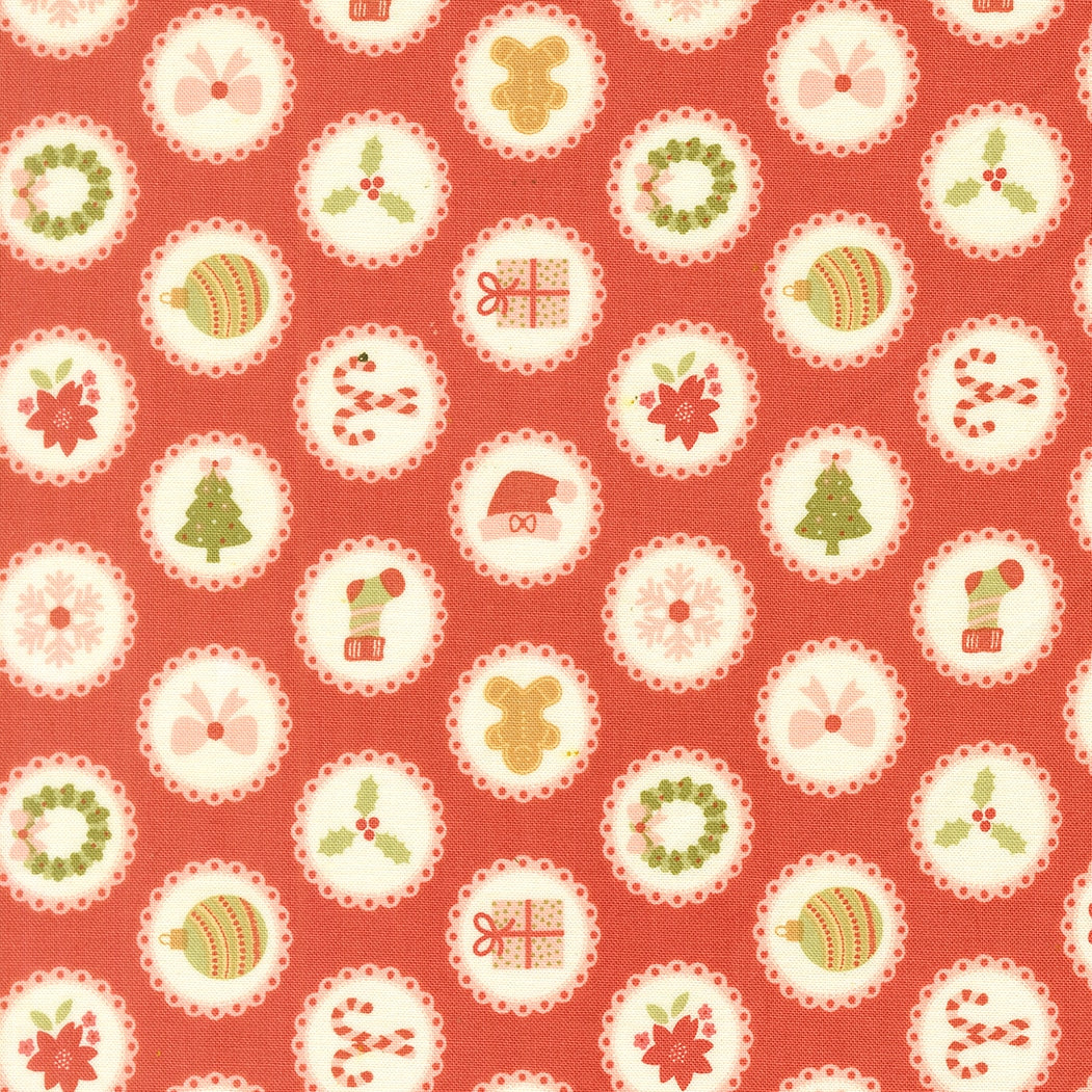 December Darling Rose quilting fabric by My Sew Quilty Life. Christmas trees, gingerbread men, Santa hats in scalloped cream circles on coral red.