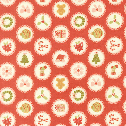 December Darling Rose quilting fabric by My Sew Quilty Life. Christmas trees, gingerbread men, Santa hats in scalloped cream circles on coral red.