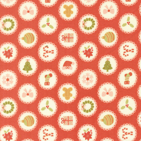 December Darling Rose quilting fabric by My Sew Quilty Life. Christmas trees, gingerbread men, Santa hats in scalloped cream circles on coral red.