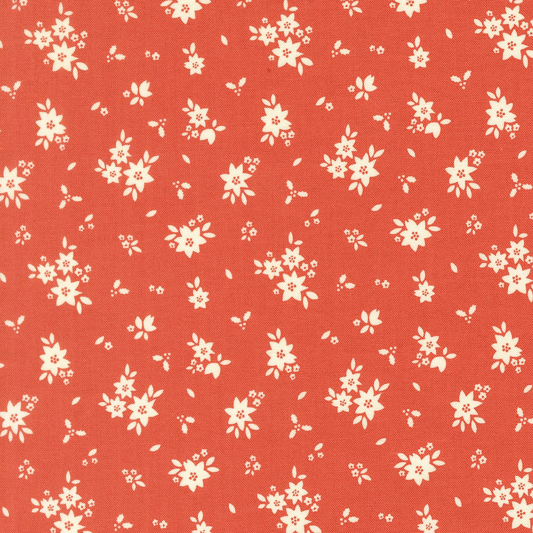 December Darling small rose floral cotton quilting fabric by My Sew Quilty Life with ivory flowers, scattered leaves on rose.