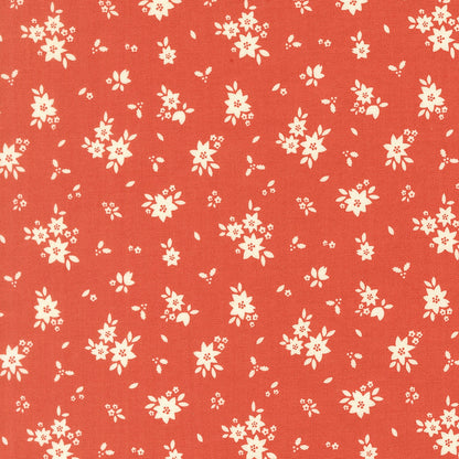 December Darling small rose floral cotton quilting fabric by My Sew Quilty Life with ivory flowers, scattered leaves on rose.