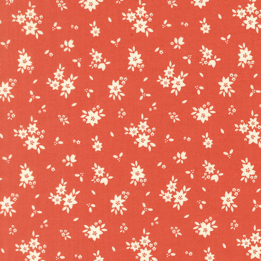 December Darling small rose floral cotton quilting fabric by My Sew Quilty Life with ivory flowers, scattered leaves on rose.