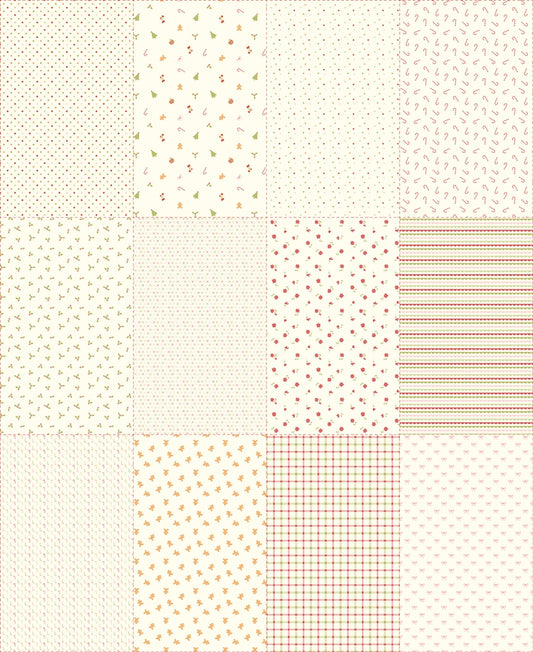 December Darling by My Sew Quilty Life Christmas novelty quilt panel cotton quilting fabric featuring gingerbread men, trees, holly, dots, and stripes on cream.