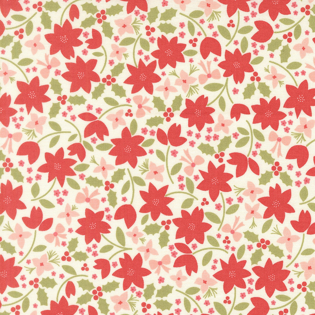 Moda's Christmas poinsettias, holly, and berries scattered on an ivory snow background. December Darling by My Sew Quilty Life cotton quilting fabric.