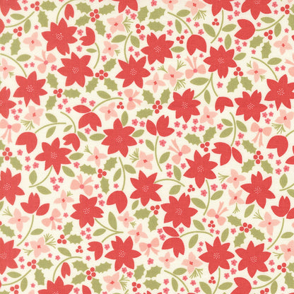 Moda's Christmas poinsettias, holly, and berries scattered on an ivory snow background. December Darling by My Sew Quilty Life cotton quilting fabric.