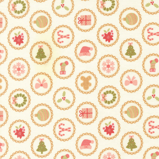 Moda's Christmas medallions with festive trees, wreaths, holly, and ornaments on snow December Darling by My Sew Quilty Life cotton quilting fabric.