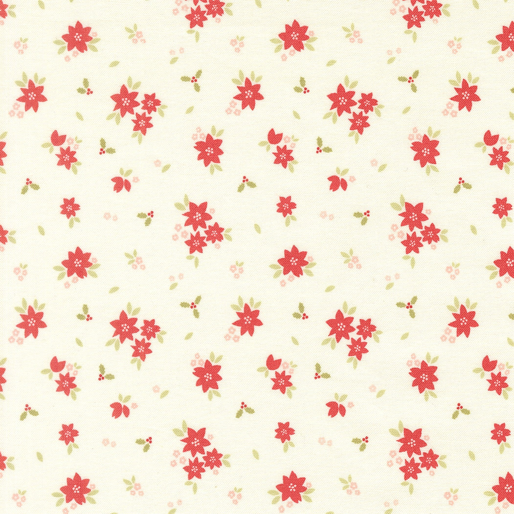 Moda's Christmas poinsettias with sage green leaves and holly berries on snow. December Darling by My Sew Quilty Life cotton quilting fabric.