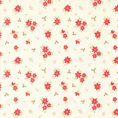 Moda's Christmas poinsettias with sage green leaves and holly berries on snow. December Darling by My Sew Quilty Life cotton quilting fabric.