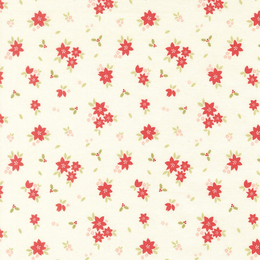Moda's Christmas poinsettias with sage green leaves and holly berries on snow. December Darling by My Sew Quilty Life cotton quilting fabric.