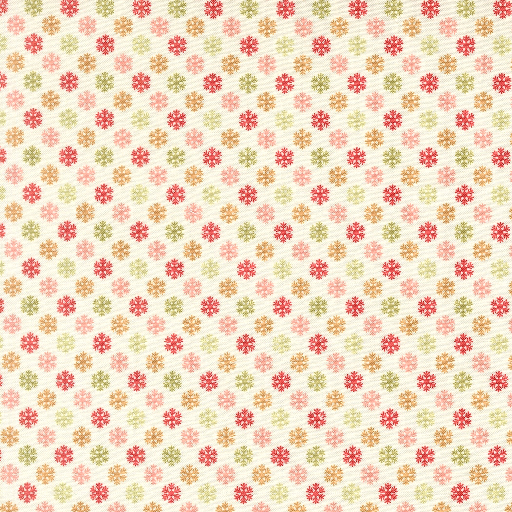 Moda's Christmas snowflakes on cream December Darling by My Sew Quilty Life cotton quilting fabric, with muted red, green, orange, pink.