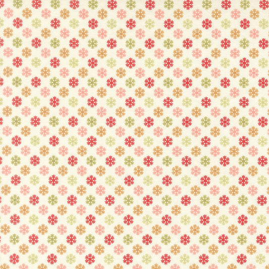 Moda's Christmas snowflakes on cream December Darling by My Sew Quilty Life cotton quilting fabric, with muted red, green, orange, pink.