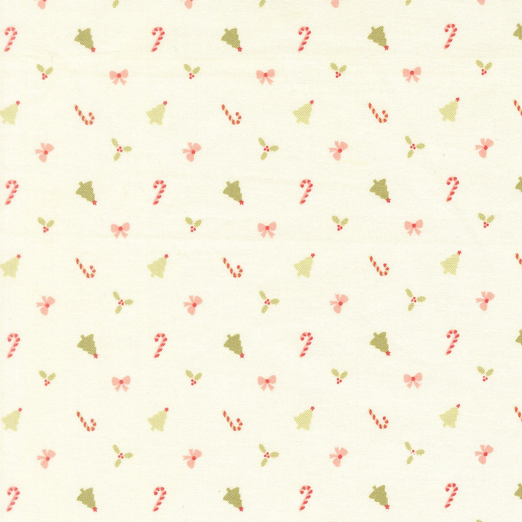 Moda's Christmas candy canes & trees on snow December Darling by My Sew Quilty Life cotton quilting fabric with bows, holly, in pink, sage green.