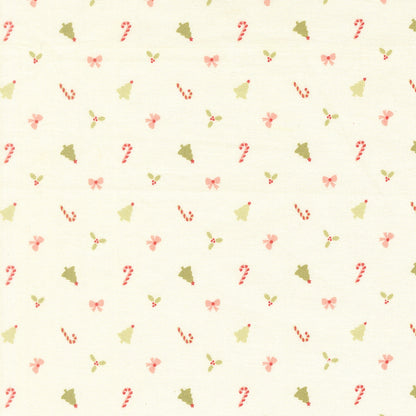 Moda's Christmas candy canes & trees on snow December Darling by My Sew Quilty Life cotton quilting fabric with bows, holly, in pink, sage green.