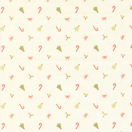 Moda's Christmas candy canes & trees on snow December Darling by My Sew Quilty Life cotton quilting fabric with bows, holly, in pink, sage green.
