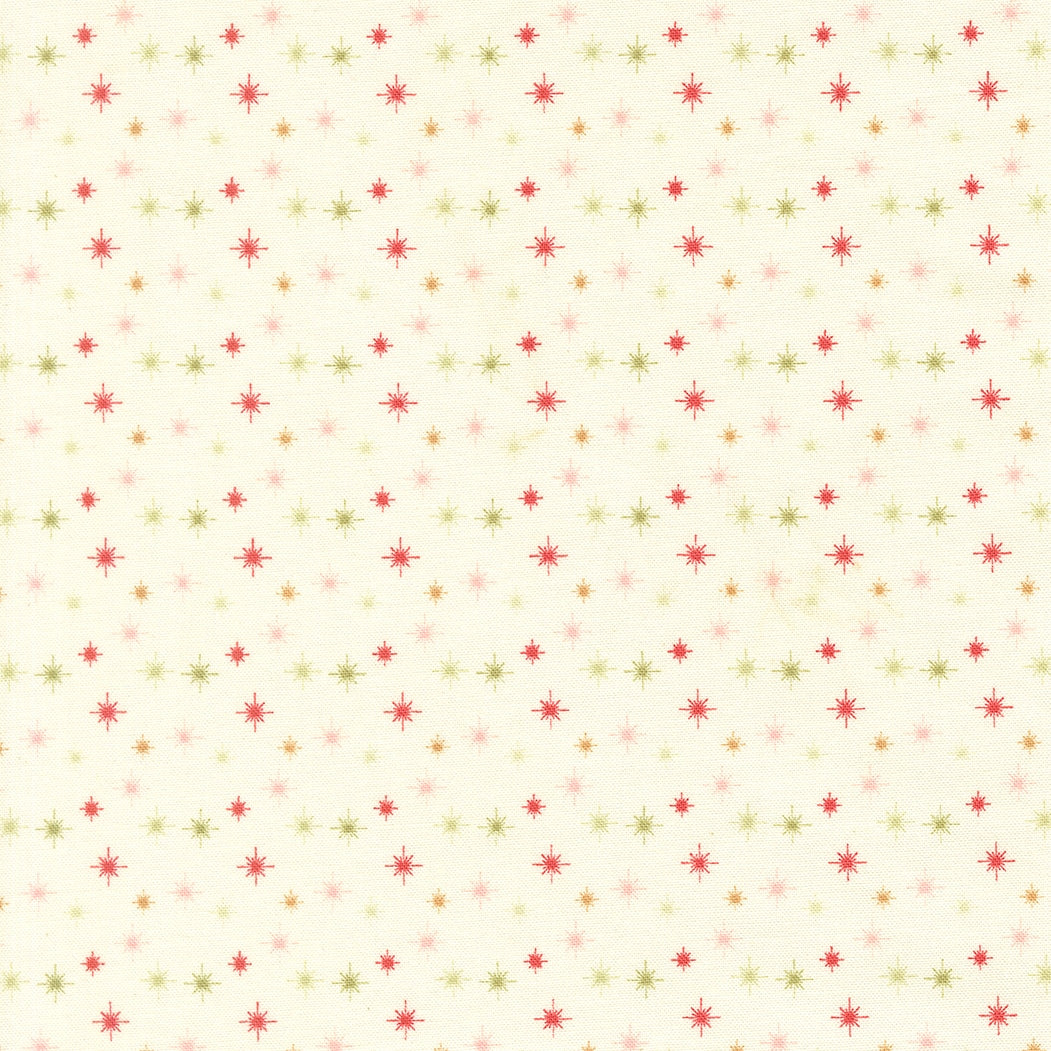 Moda's December Darling by My Sew Quilty Life cotton quilting fabric with Christmas starbursts on snow cream, in muted red, sage, and pale pink.