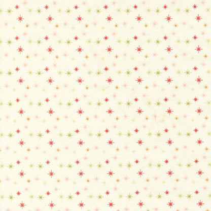 Moda's December Darling by My Sew Quilty Life cotton quilting fabric with Christmas starbursts on snow cream, in muted red, sage, and pale pink.