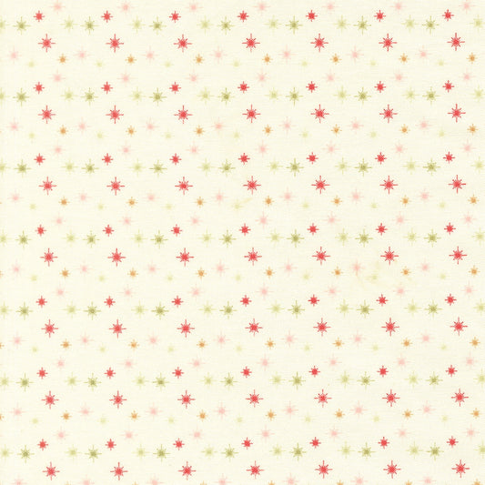 Moda's December Darling by My Sew Quilty Life cotton quilting fabric with Christmas starbursts on snow cream, in muted red, sage, and pale pink.