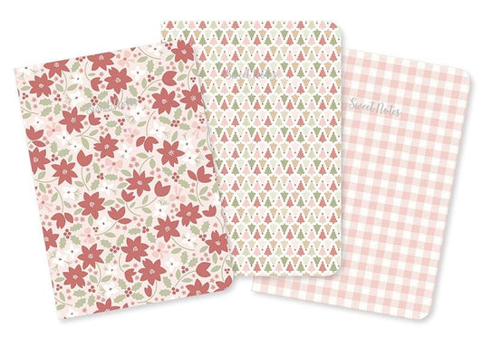 Christmas poinsettias, stylized trees, and pink gingham quilting fabric. December Darling by Briggs, Heather, with flowers, leaves, and berries.