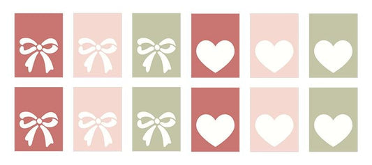 Moda's woven labels with hearts and bows for Valentine's Day. December Darling by Briggs, Heather quilting fabric in deep red, pink, sage green.