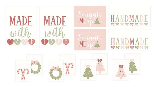 December Darling by Briggs, Heather quilting fabric. Christmas crafting labels with text, Christmas trees, hearts, and candy canes on cream and rose.