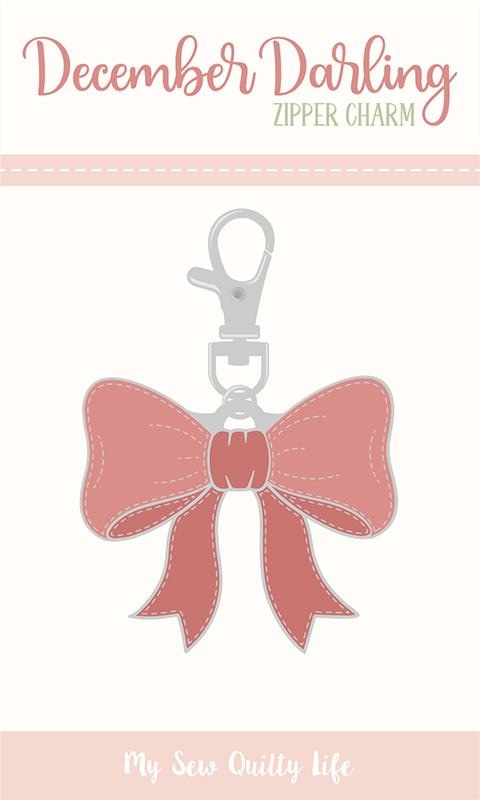 Pink bow zipper charm panel quilting fabric. December Darling by Briggs, Heather, with Christmas, nursery, stitching, typography, cream.