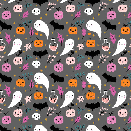 Cotton quilting fabric pattern called 'Ghostly Greetings to You'. Part of the 'By the Glow of the Moon' fabric collection. Designed by Dominika Godette for fabric company Cotton + Steel. SKU: DG102-CO2. 44-45 inch width.
