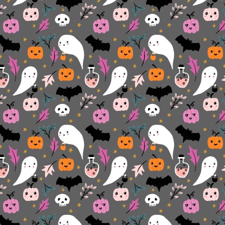 Cotton quilting fabric pattern called 'Ghostly Greetings to You'. Part of the 'By the Glow of the Moon' fabric collection. Designed by Dominika Godette for fabric company Cotton + Steel. SKU: DG102-CO2. 44-45 inch width.