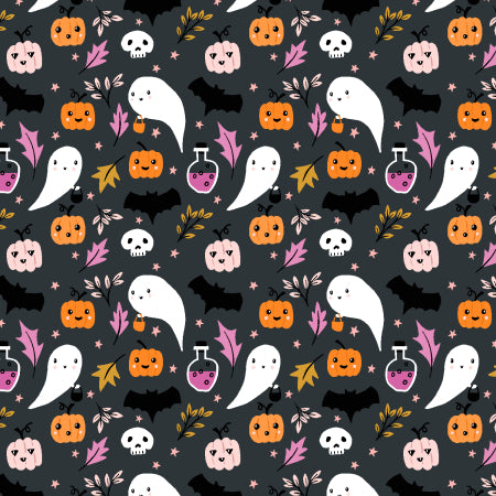 Cotton quilting fabric pattern called 'Ghostly Greetings to You'. Part of the 'By the Glow of the Moon' fabric collection. Designed by Dominika Godette for fabric company Cotton + Steel. SKU: DG102-MO1. 44-45 inch width.