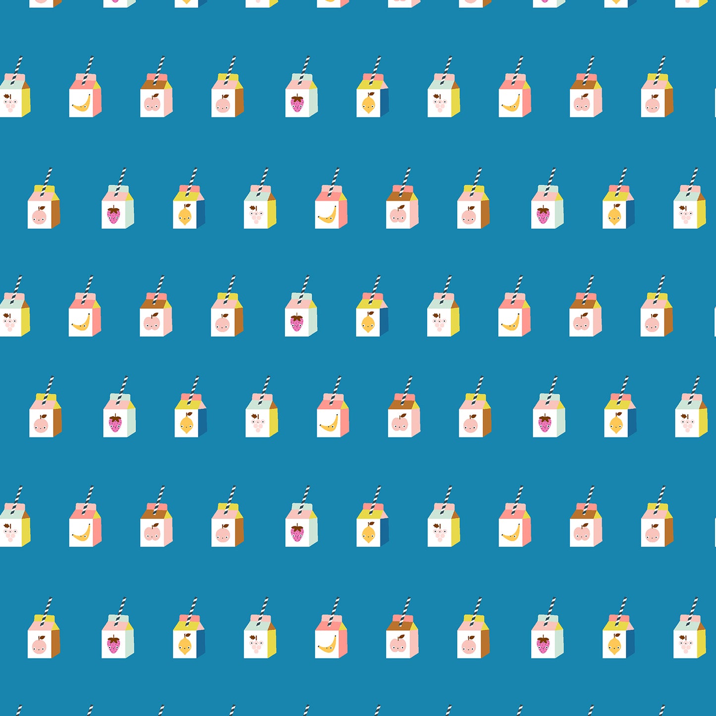 Pattern of cartoon juice boxes on a blue background