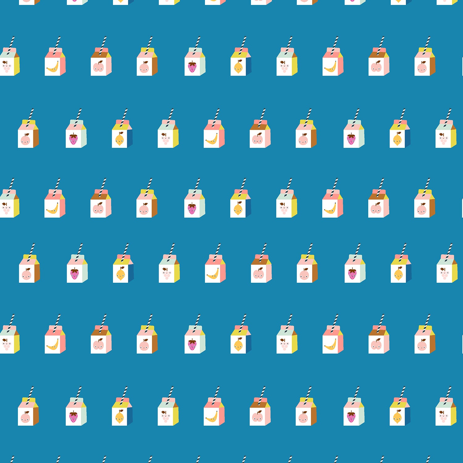 Pattern of cartoon juice boxes on a blue background
