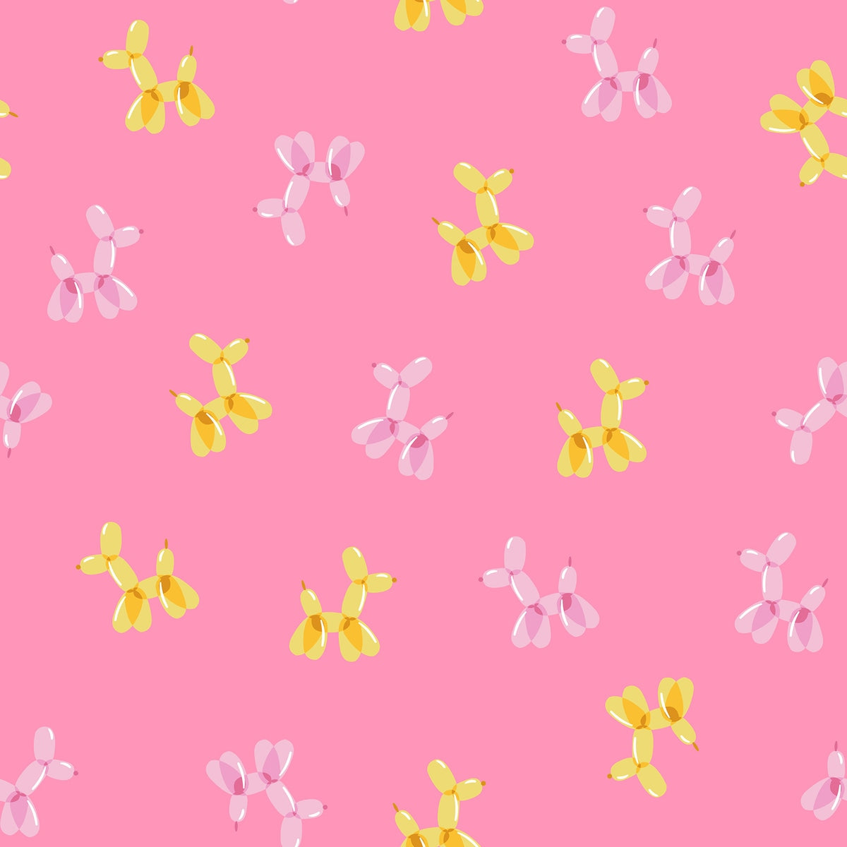 Float by Ruby Star Society's Rashida Coleman Hale cotton quilting fabric with small yellow & pale pink balloon dogs on bright pink, for nursery/party.